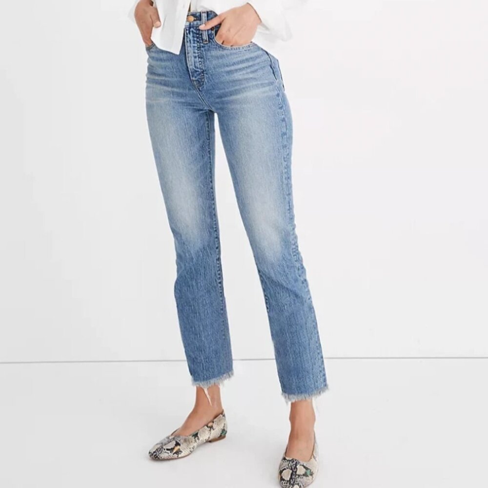 Madewell The Perfect Vintage Crop Jeans Blue Raw Hem Embellished High Rise Sz 28